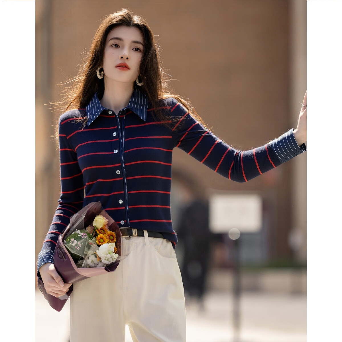 Demana Vintage Channel Autumn Fashion Patchwork False Two-Piece Lapel Color-Block Striped Knit Sweater Top