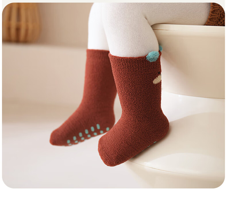 Aibao Baby Floor Socks Autumn Winter Fleece Thickened Baby Mid-calf Cooling Insulation Non-slip Walking Socks 3 Pairs Bear L Size T266 36