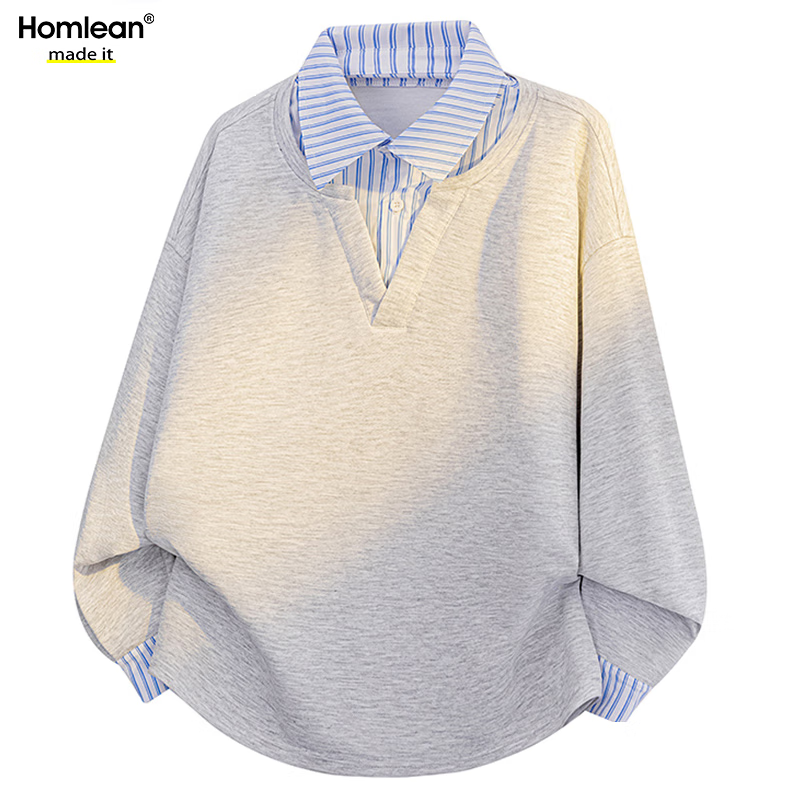 Homlean Vintage Two-Piece Spliced Lapel Pullover Sweatshirt Men Autumn Trendy Loose Casual HX12 Gray L