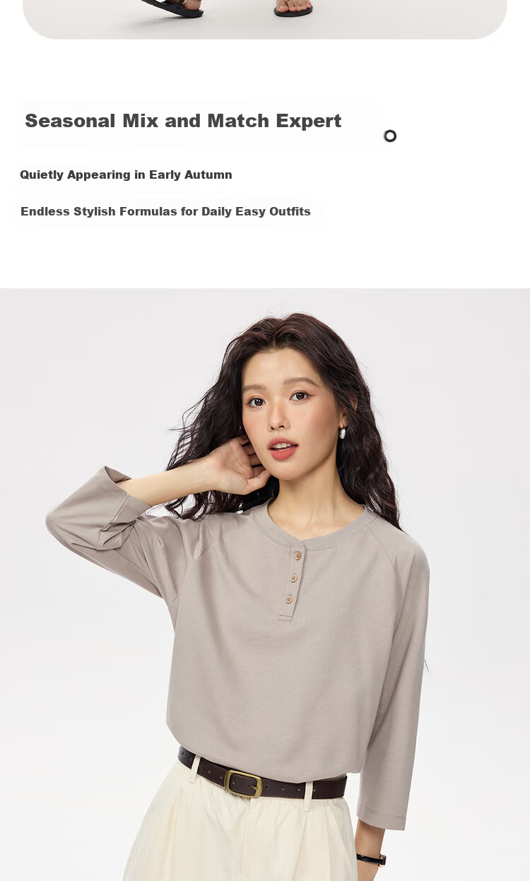 Zara Women's Autumn Pure Cotton American Style Henley Neck Drop Shoulder Seven-Quarter Sleeve Top 13325771 6