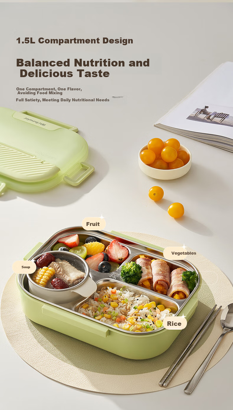 Joyoung 316L Lunch Box for Students And Office Workers, Bento Box with Chopsticks And Spoon, Large Capacity Four-Compartment Meal Container, 1500ML, White 5