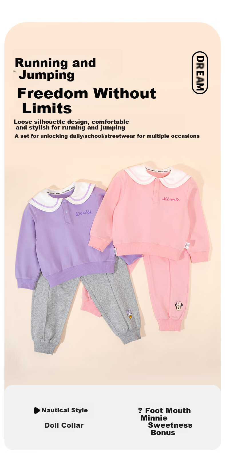 Disney Children's Clothing Spring And Autumn New Girls' Cartoon Casual Versatile Comfortable Warm Sweatshirt Set, Peach Pink, Size 140 3