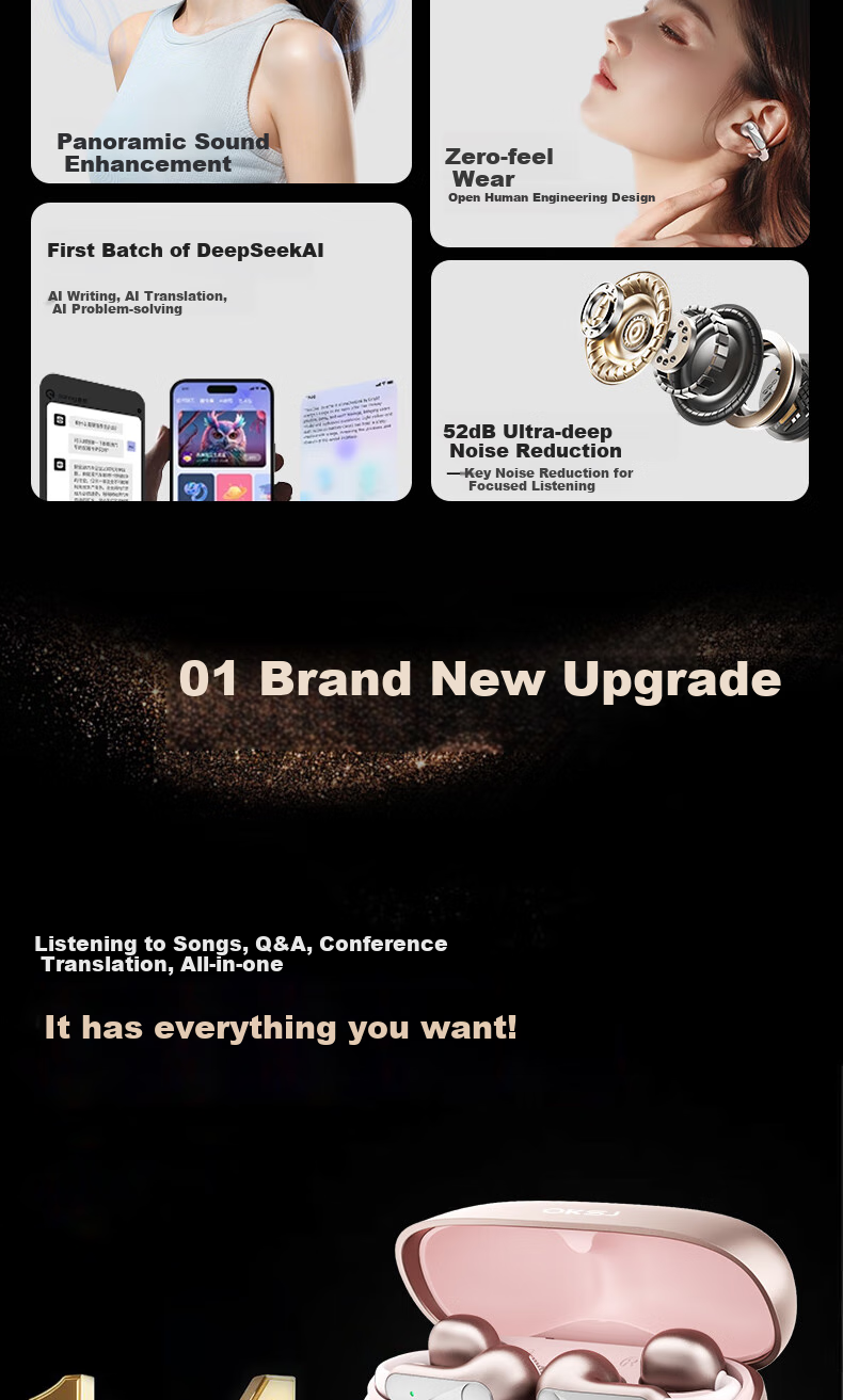 OKSJ [2025 Ai Upgraded Version] Clip-On Bluetooth Headphones, Bone Conduction Concept Wireless Open-Ear, Running Sports Headphones with Call Noise Reduction, Suitable for Huawei, Xiaomi, Apple 3