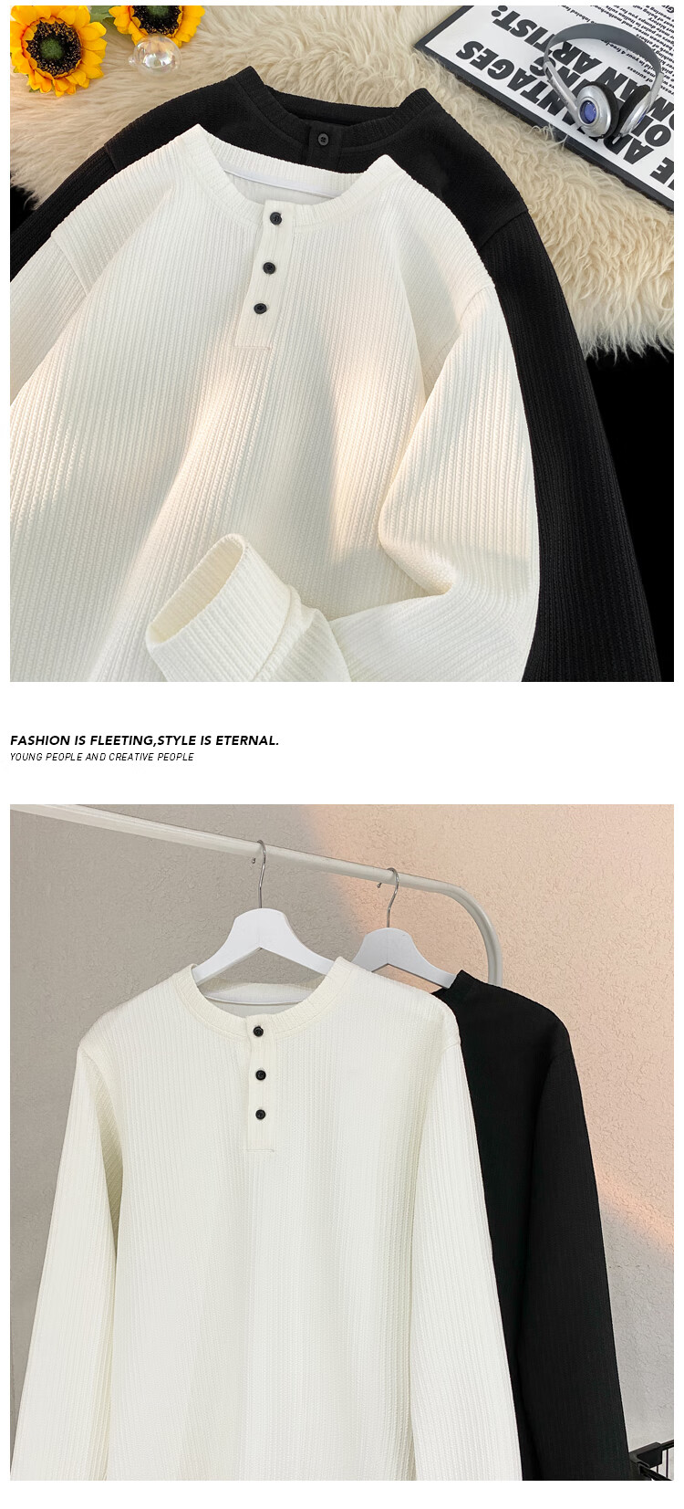 MMOPTOP American Style Henry Collar Long Sleeve T-Shirt Autumn Winter Men's Textured Solid Color Base Shirt MTX20 White XL 3