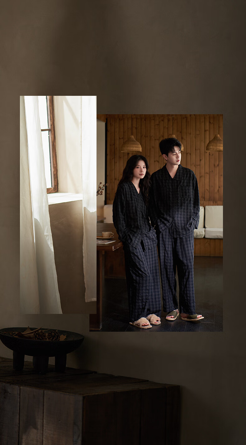 Shaqian New Vintage Coin Style Couples Pajamas 2025 Autumn Bubble Woven Cotton Women's Plaid Loungewear Men's Set 1