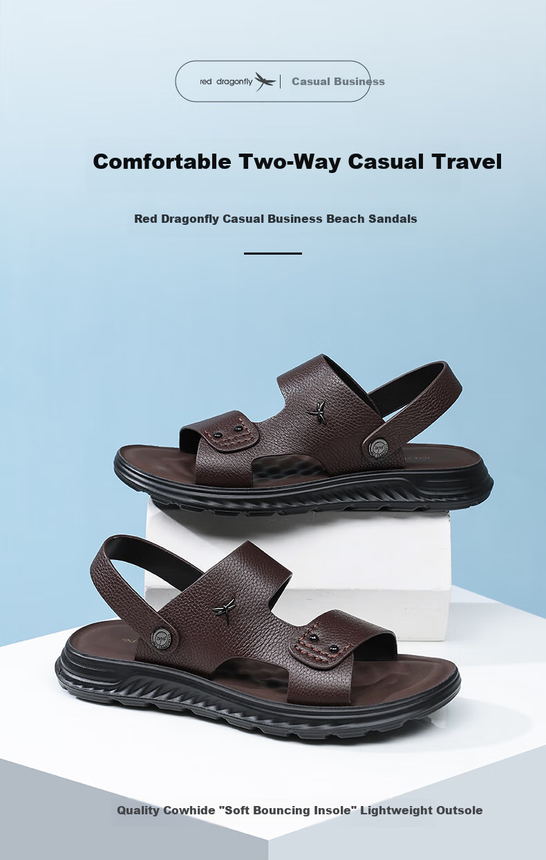 RED DRAGONFLY Leather Sandals for Men, Summer Breathable Casual Slippers, Cowhide Beach Shoes, Two-Way Wear WTT250021 Black Size 40 1