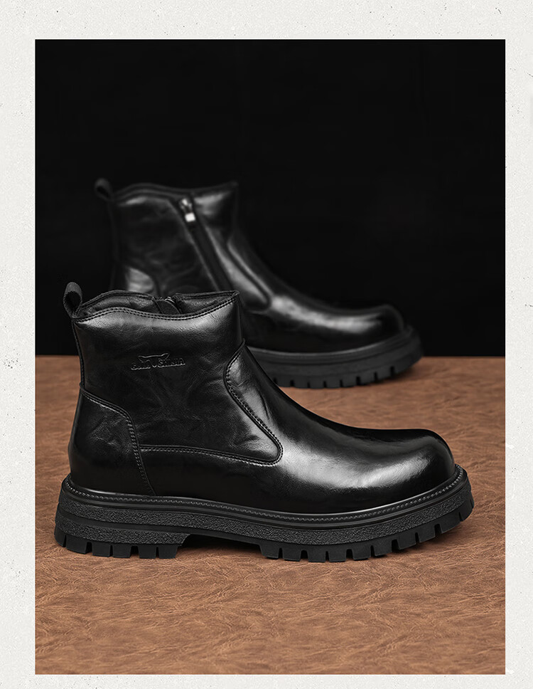 Bull Family Martin Boots Men 2026 Winter New British Style Thick Sole Side Zipper Leather Boots Men's Versatile High-top Work Boots 15