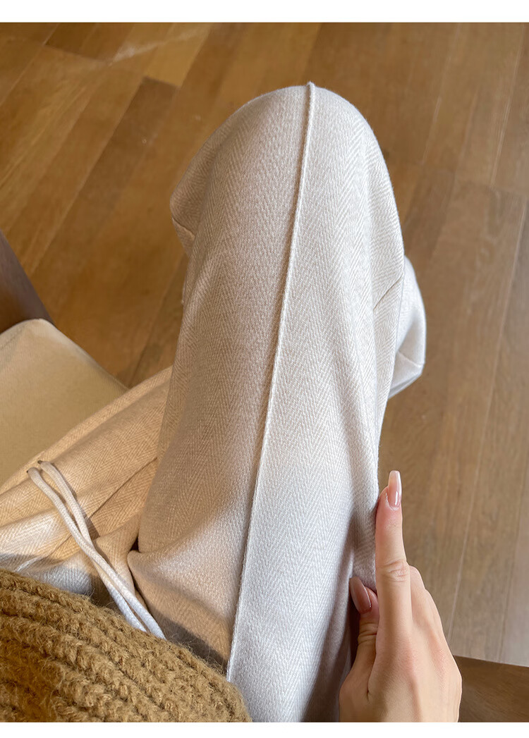 Langsha Wool Blend Wide-Leg Pants for Women Spring Autumn 2026 New Fleece-Lined Herringbone High-Waist Relaxed Trousers 14