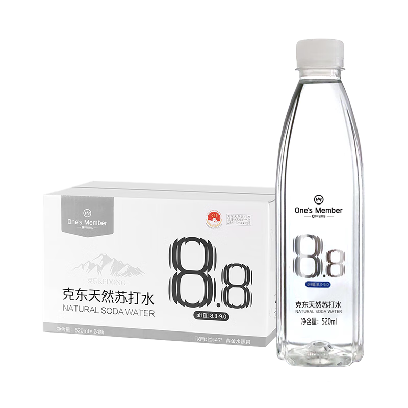 1号会员店（One's Member） 克东天然苏打水520ml*24瓶 弱碱高端小分子无气无糖解酒泡茶热卖