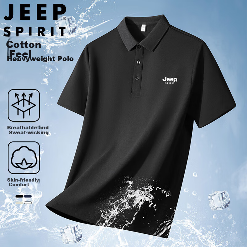 JEEP SPIRIT Men's Short-Sleeve T-Shirt, Summer Sports Business Casual Polo Shirt, Men's Top, Navy Blue, XL