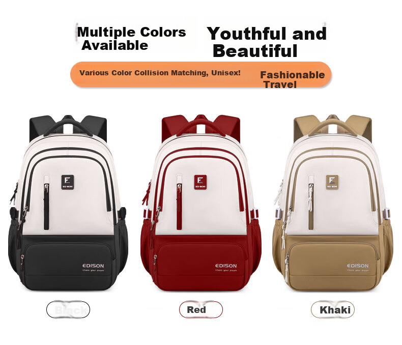 Edison Inventor Middle And High School Student Backpack Large Capacity for Middle And College Students, Lightweight Spine-Protecting Double Shoulder Bag K066-1 Black 5