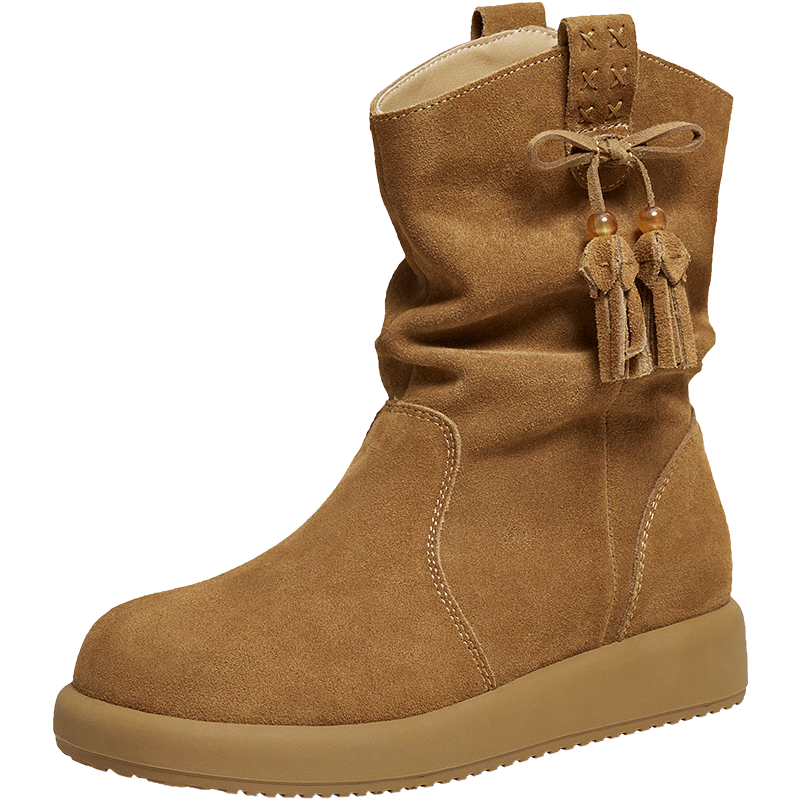 TATA Zhou Ye Same Style TATA Bear Western Stacked Brown Short Boots Brown Yellow (Single Lining) Size 37