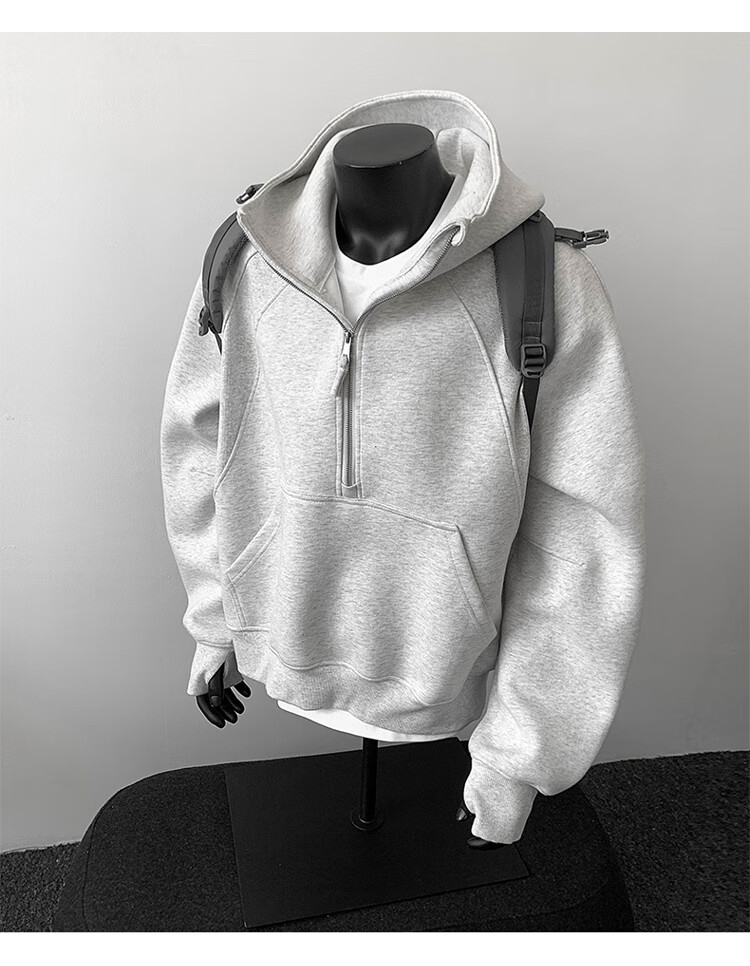 Dingfengbaoluo American Heavyweight Hoodie Men Autumn Loose Casual Half-Zip Pullover Jacket XD61 Black L 3