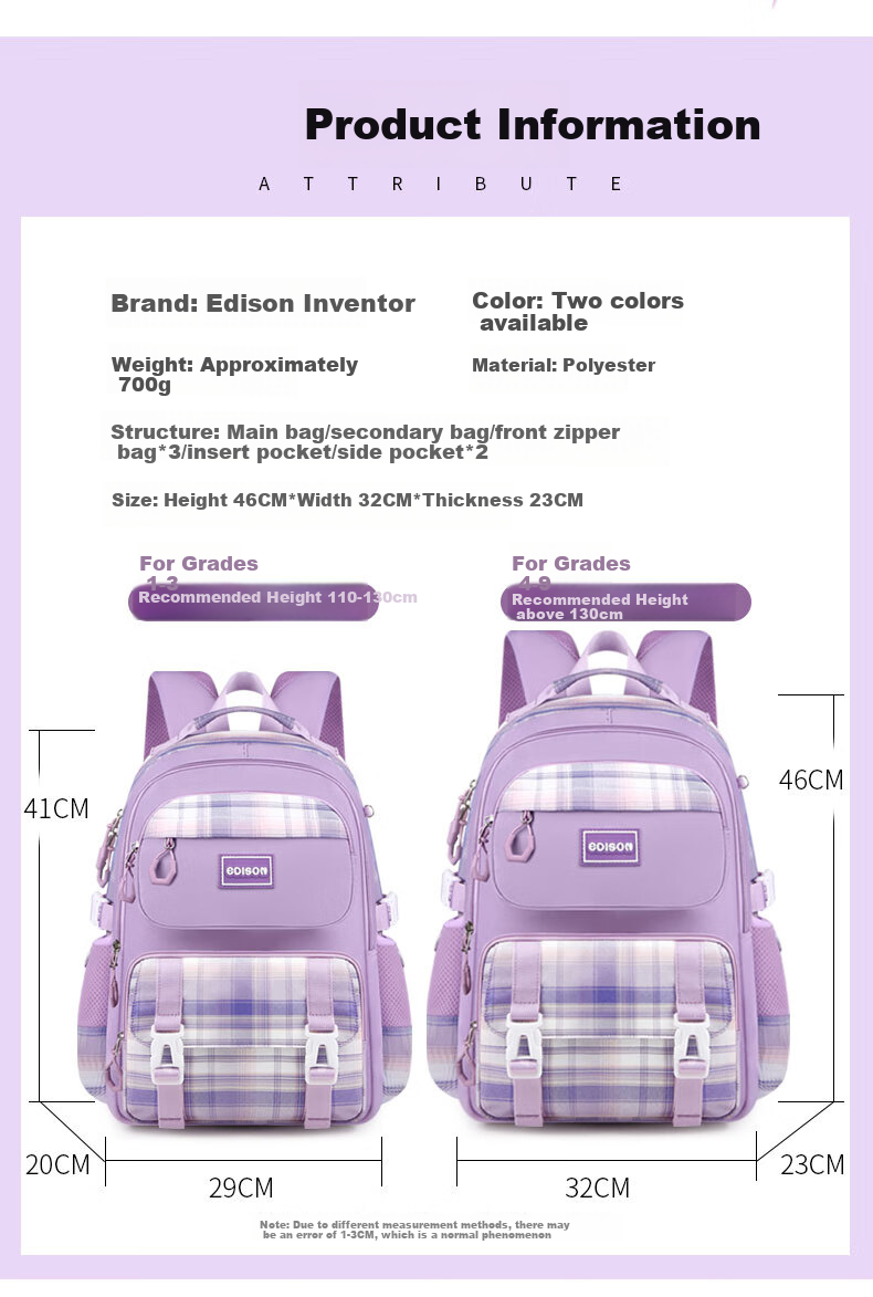 Edison Inventor Ku Luo Elementary School Backpack for Girls, Lightweight Spine Protection Double Shoulder Bag for Children, 2266-1s Pink Small Size 1