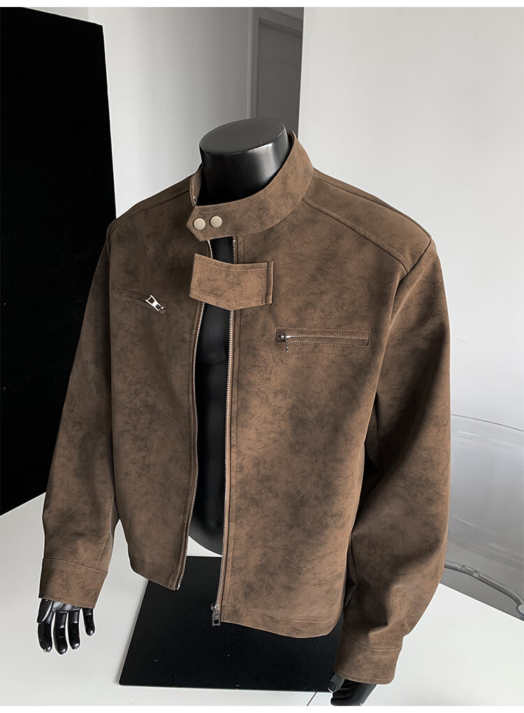 IZEXX Men's American Style Tie-Dye Jacket Autumn Winter Stand Collar Trendy Shoulder Motorcycle Leather Jacket ZGJ58 Black XL 16