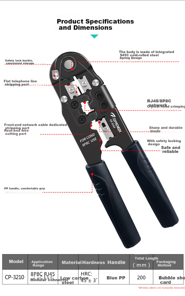 TOPFORZA Network Cable Crimper, RJ45 Connector Crimping Tool, Electrician's Wire Cutter, 8P Single-Port Network Crimping Pliers, CP-3210 4