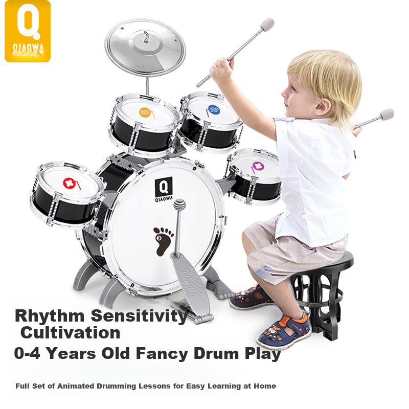 QIAO WA BAO BEI Drum Set Educational Toy Instrument for Children Beginners Jazz Drums Gift for Boys Aged 1-2 Years Old Birthday Present
