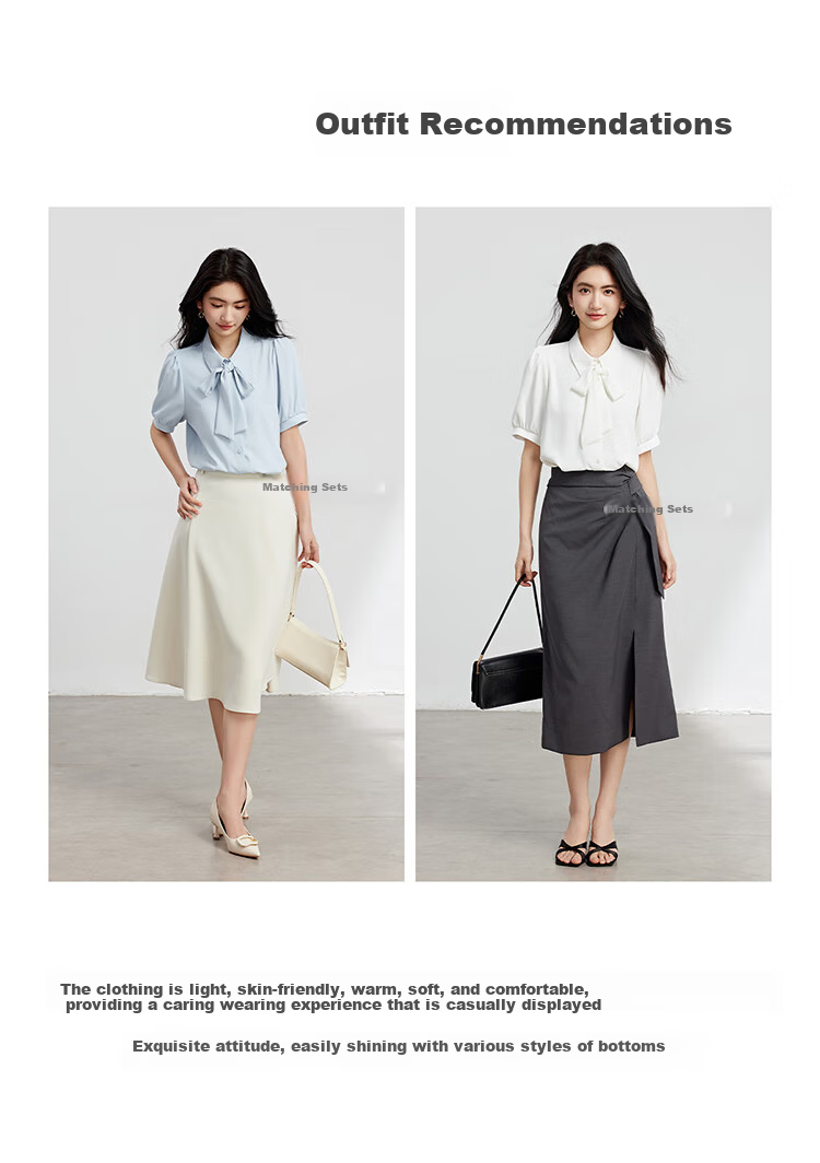 Bodexiaojie White Bow-Tie Blouse for Women, Stylish Tie-Up Short-Sleeve Top, Elegant Office Wear for White-Collar Professionals, XL 2