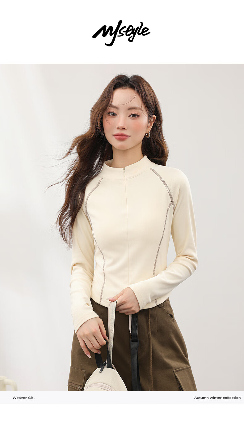 MJ STYLE Colorblock Half Turtleneck Thin Fleece Base Shirt Women 2026 Autumn Winter New Half-Zip Stand Collar Waist Slimming Long Sleeve Top 1
