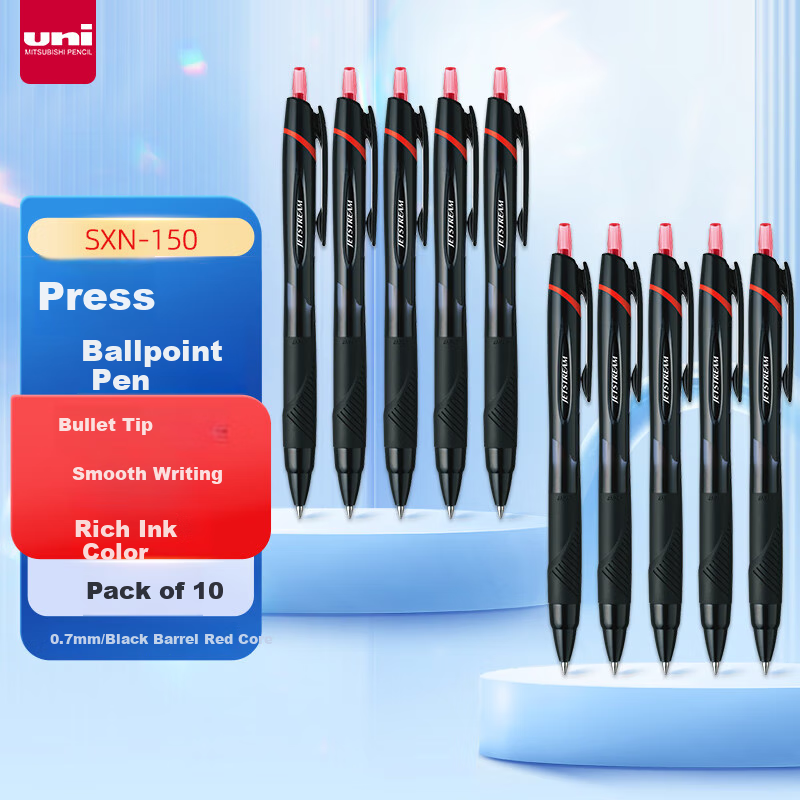 Uni Mitsubishi JETSTREAM Series Retractable Ballpoint Pen SXN-150 Smooth Writing Student Office Pen 0.7mm Black Barrel Red Ink 10-Pack