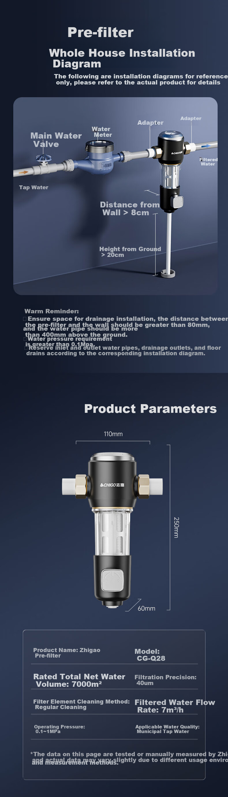 CHIGO Pre-Filter Whole House Pre-Rinse Water Purifier Tap Water Filter with Pressure Gauge Q28 5