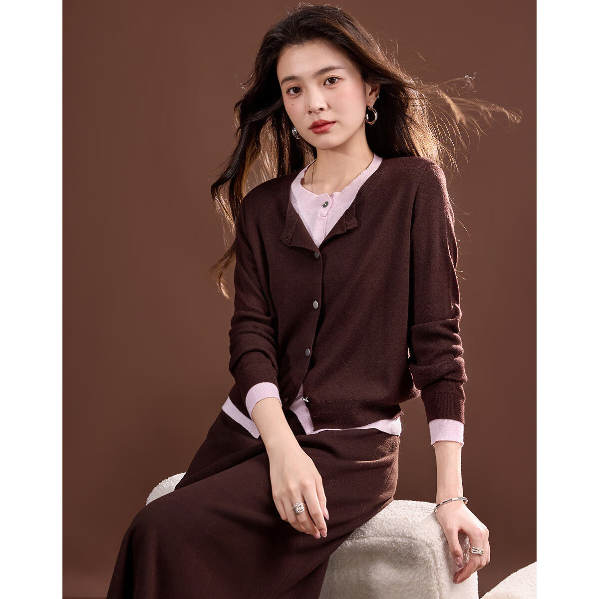Dme [Quiet Luxury Inspired Wardrobe] Spring and Autumn Design Fake Two-Piece Color-Block Knit Sweater with Decorative Buckle for Women 27
