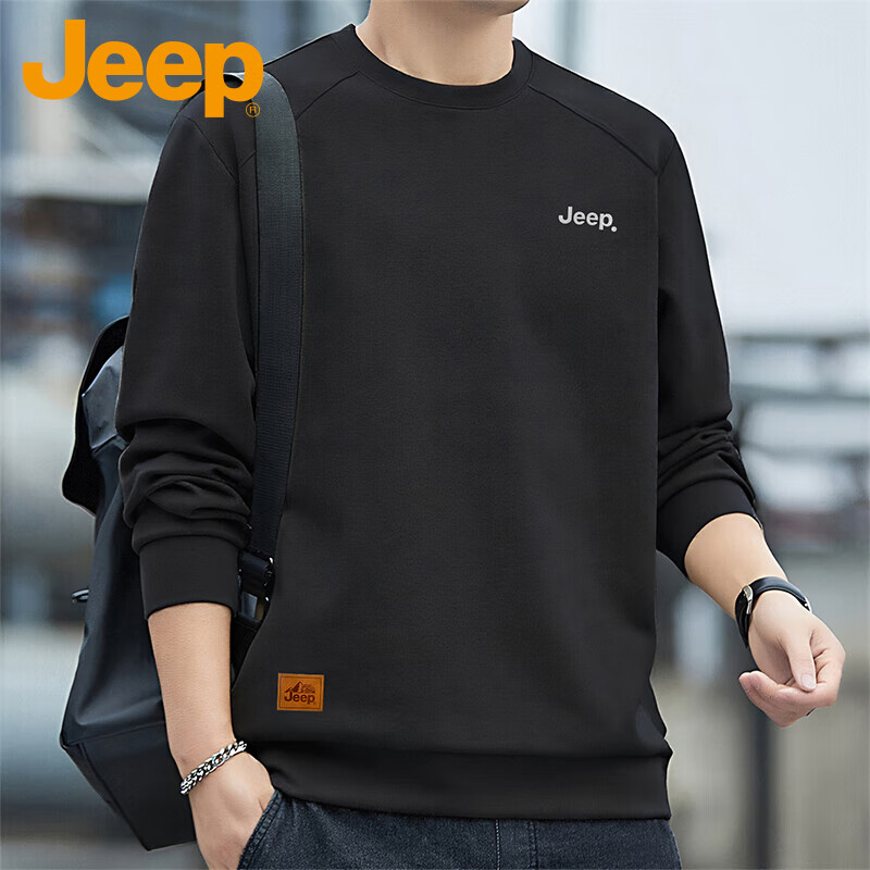 JEEP Men's Sweatshirt, Loose-Fitting Long-Sleeve T-Shirt for Autumn, Versatile Round Neck Undershirt, Casual Menswear, Black, Size L