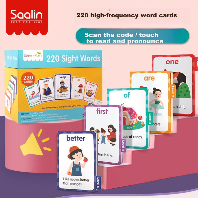 Shalin SAALIN English Enlightenment, 220 High-Frequency Words Flashcards, Children's Toy Sight Words for First Grade