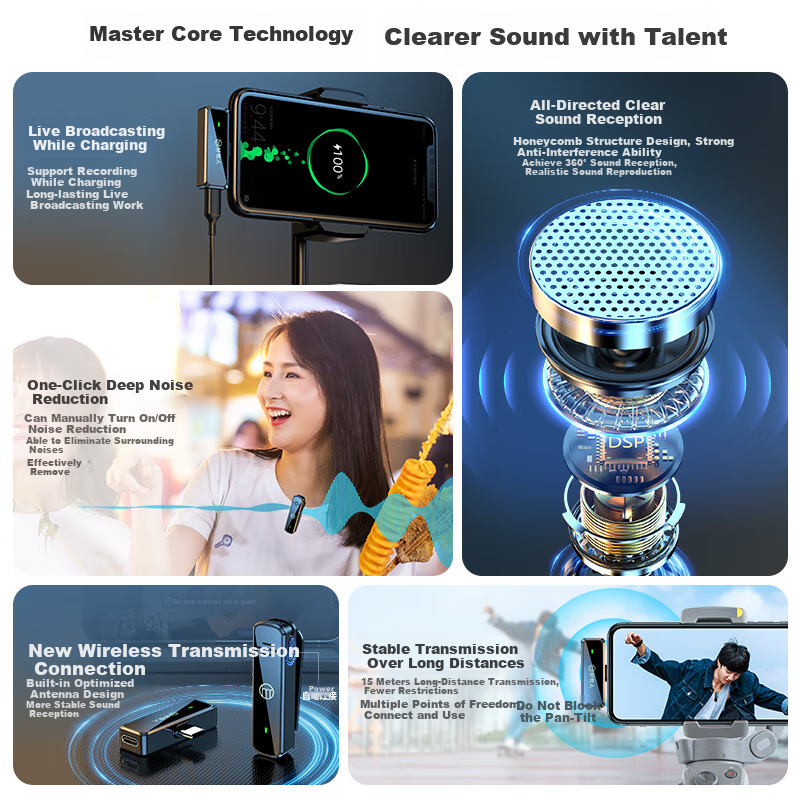 Haomuren V1 Wireless Lavalier Microphone, Outdoor Professional Noise-Cancelling Interview And Video Recording Microphone, TikTok Live Streaming Equipment, Dual-Channel Mobile Phone Microphone