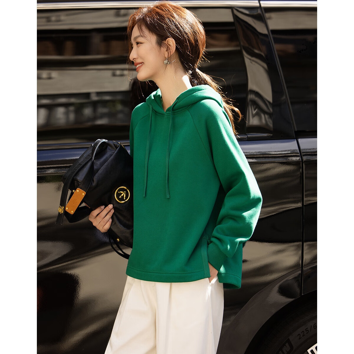 Demana [Cloud Feel Cotton Blend] Winter Dopamine Hooded Split Tape Decor Loose Fit Petite Women's Sweatshirt