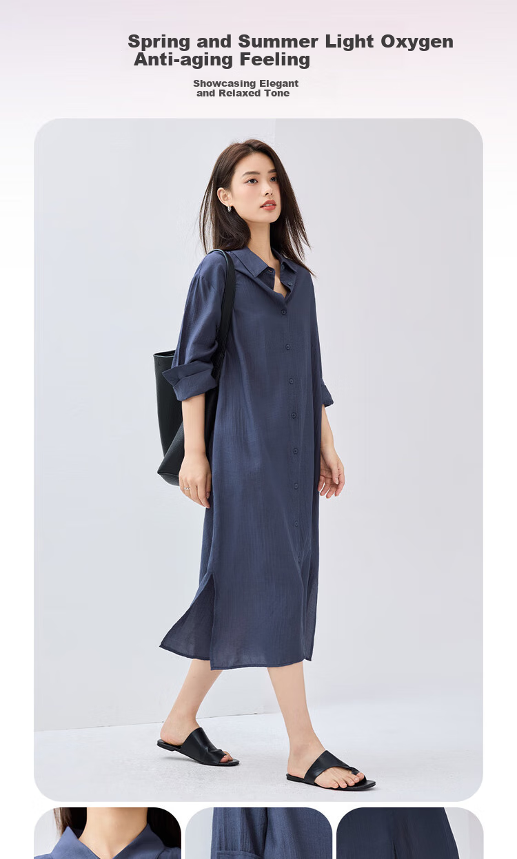 Giordano Women's Dress, 2026 Spring New Style, Side Slit with Subtle Stripes, Long-Sleeve Shirt Dress for Women, 05465070 4