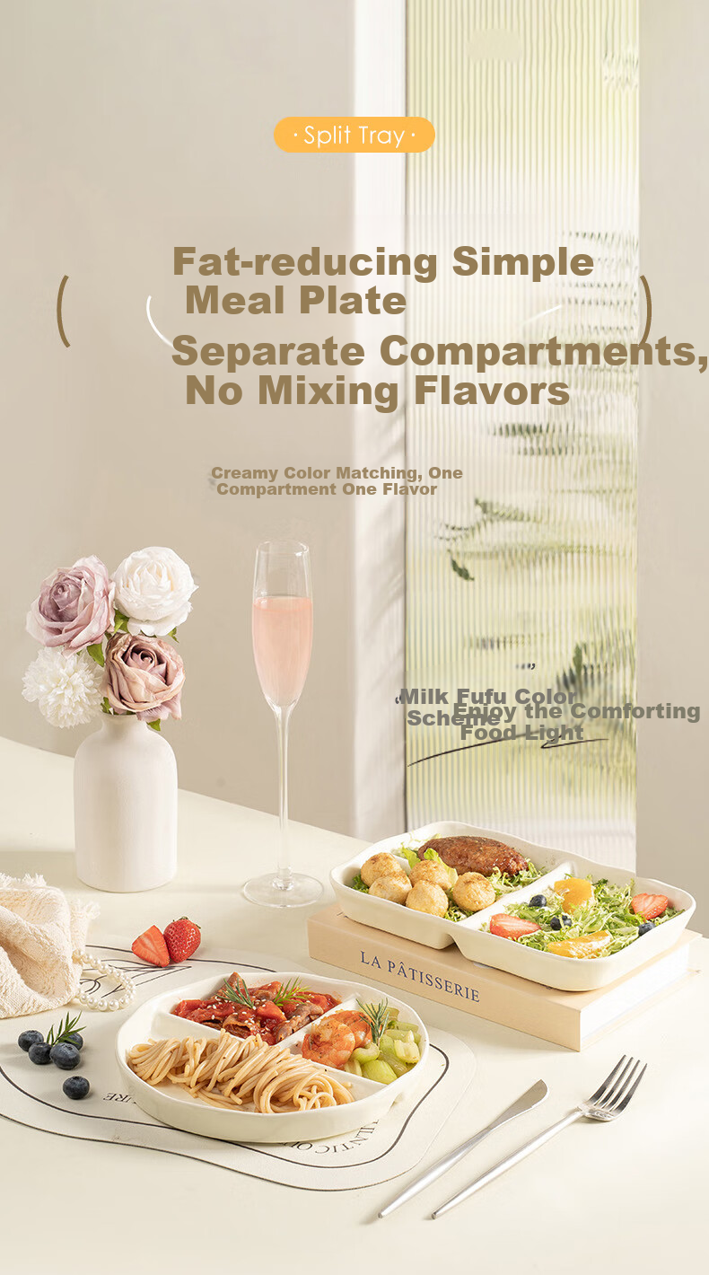 CAIZHI Ceramic Divided Plate, Compartmentalized Dining Plate, Student Breakfast Plate, Dumpling Plate, Fruit Plate, 211 Low-Fat Plate CZ6968 1