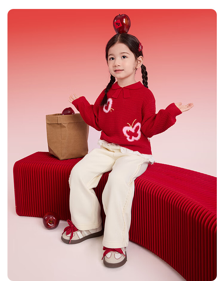 BALABALA 【balaOne】 Kids Sweater Girls Knitwear 2025 Winter Faux Two-Piece Jacquard Knit New Year Outfit 12