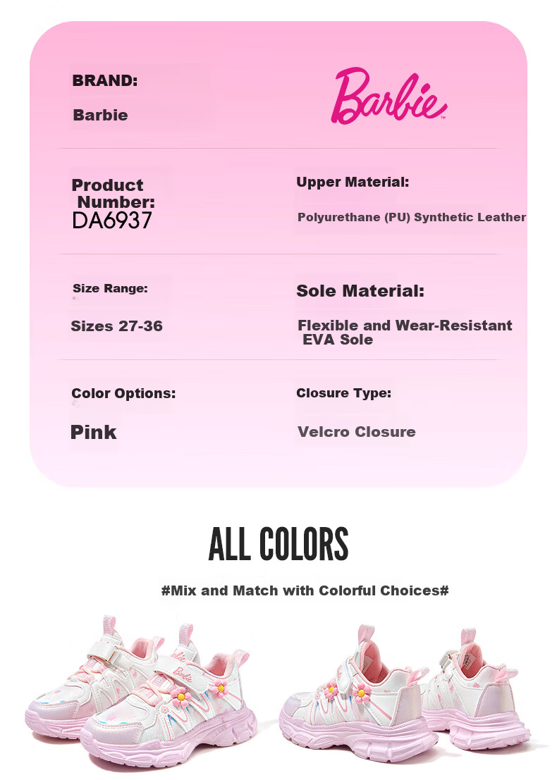 Barbie Children's Spring And Autumn Single-Layer Dad Shoes, Girls' Elementary School Running Shoes, Sports Casual Shoes DA6937 Pink 33 11