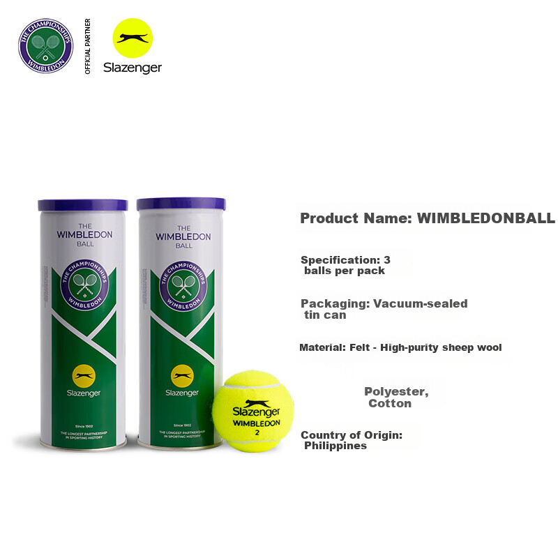 Мячи для тенниса Slazenger Official Wimbledon Ball, тренировочные и игровые, в металлической банке, 3 шт.