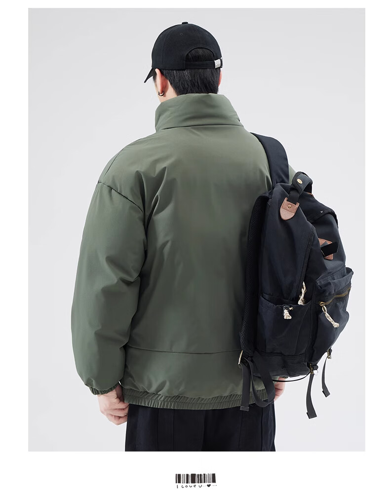Cotton Casual Men's Winter Solid Color Stand Collar Cotton Jacket Warm Cotton Padded Coat Black 2XL 13