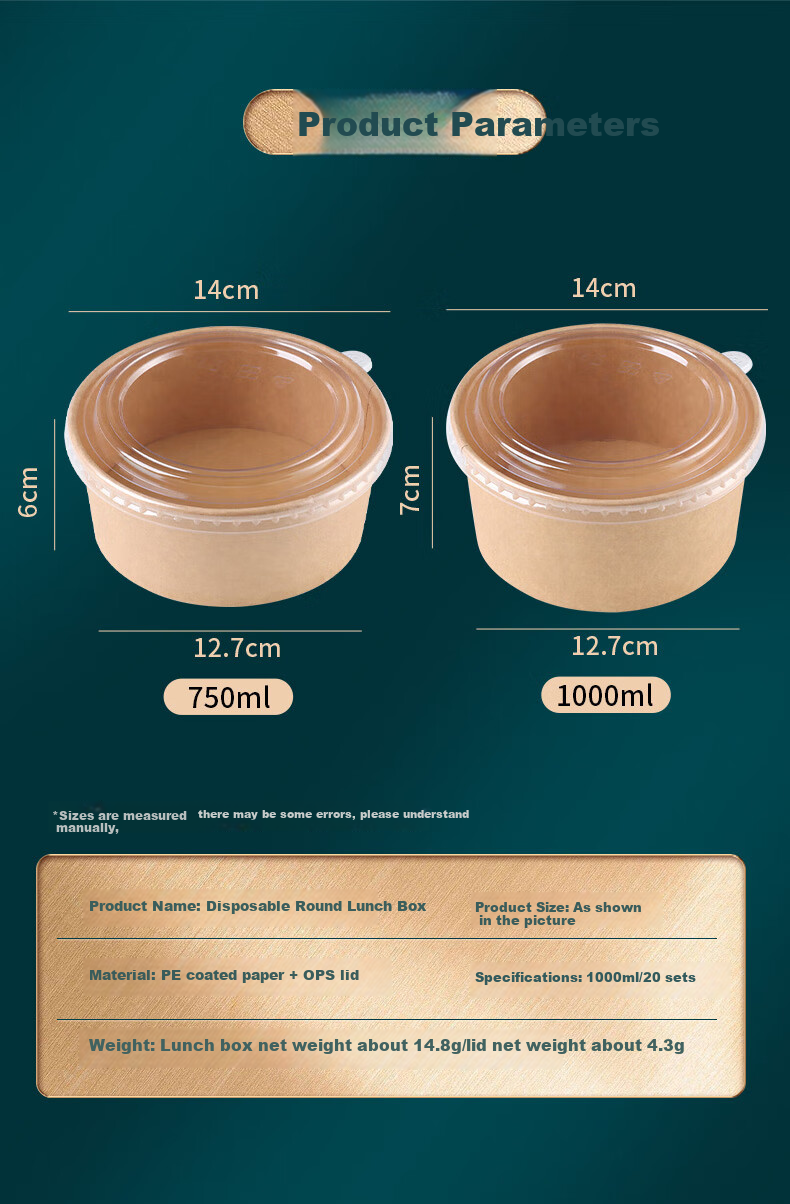 BJ Eco-Friendly Disposable Food Containers, Round, 1000ml*20 Sets, Thickened, for Takeout, Camping, Packaging, Soup Bowls 4