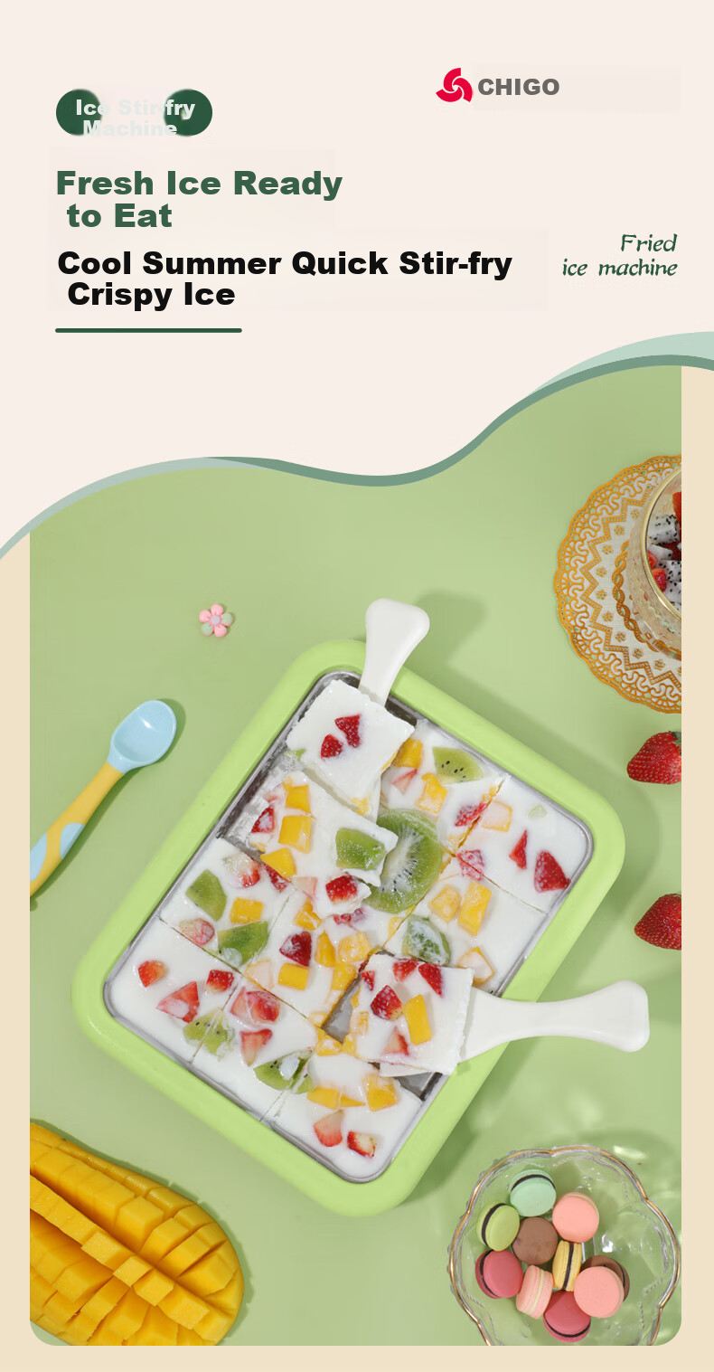 CHIGO Fried Yogurt Machine, Fried Ice Cream Machine, Children's DIY Ice Cream Maker, Home Use Slush Machine, Ice Making Tray CBP03, Gree 1