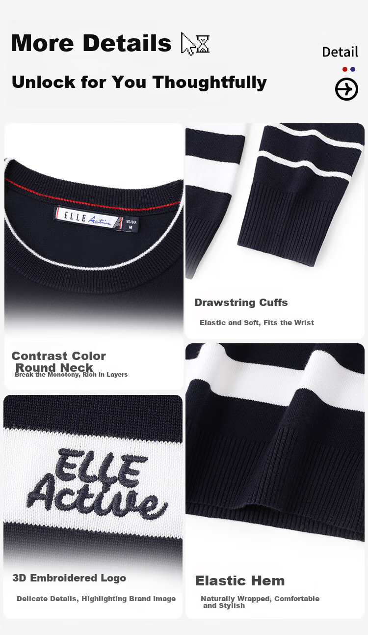ELLE ACTIVE Striped Contrast Color Sweater for Women, Spring 2026 Style, Elegant Slimming Round Neck Long-Sleeve Knitted Top, Navy Blue/white, Size S 5