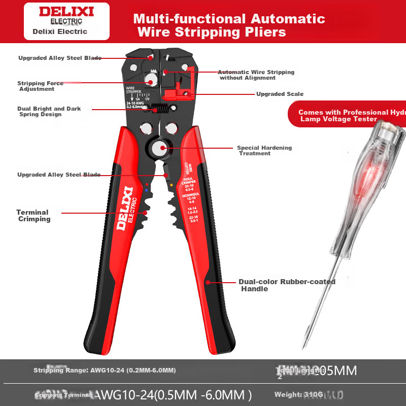 DELIXI ELECTRIC Multifunctional Wire Stripper, Automatic Wire Puller, Terminal Crimping Pliers, Fiber Optic Cable Stripper, Cable Pe