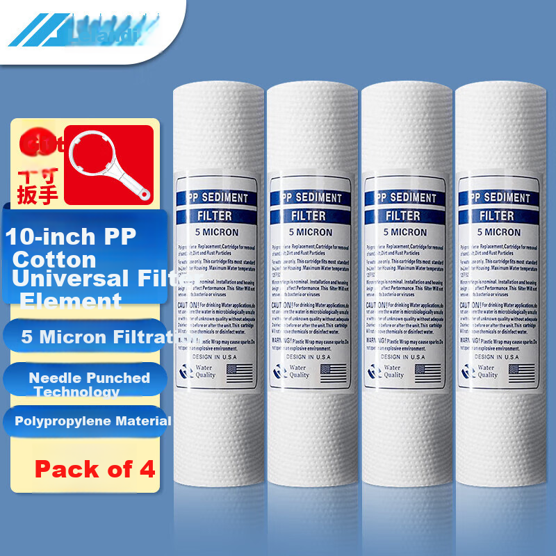 Lelandi Universal Water Purifier 10-Inch PP Cotton Filter Cartridge Compatible with All Brands, Household Under-Sink 5 Micron Pre-Filter Universal Cartridge, 4-Pack with Wrench L8200