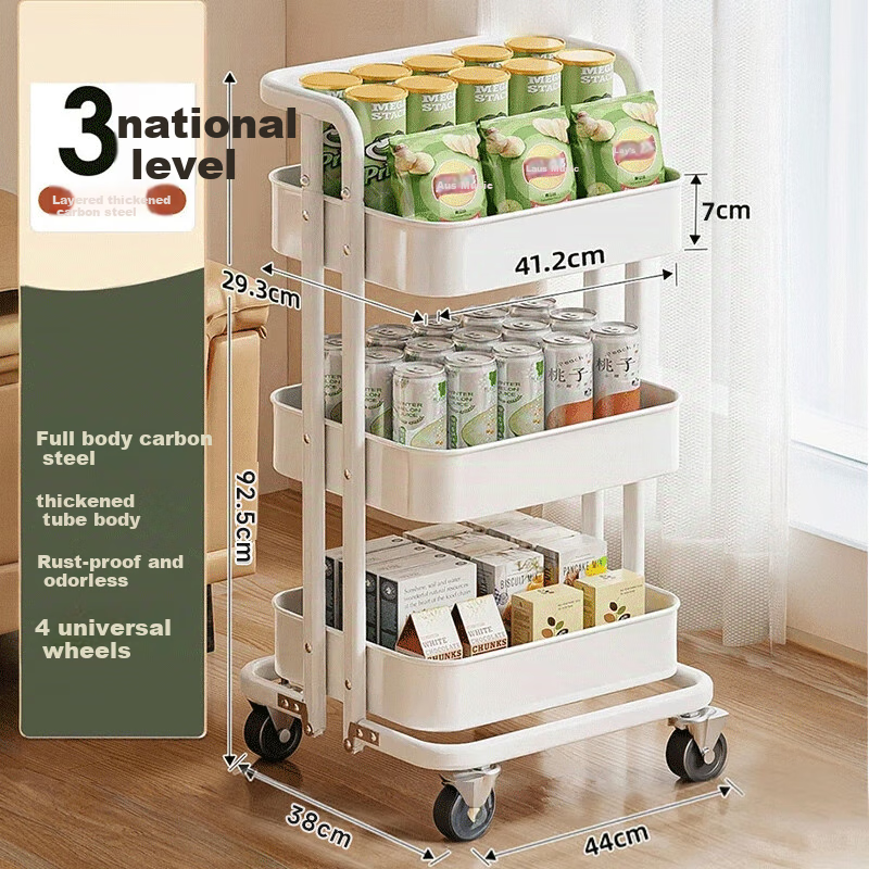 Jiabangshou Small Cart Storage Rack, Kitchen Dormitory Snack Multi-Functional Mobile Narrow Storage Shelf, Backpack Rack, 3-Tier White