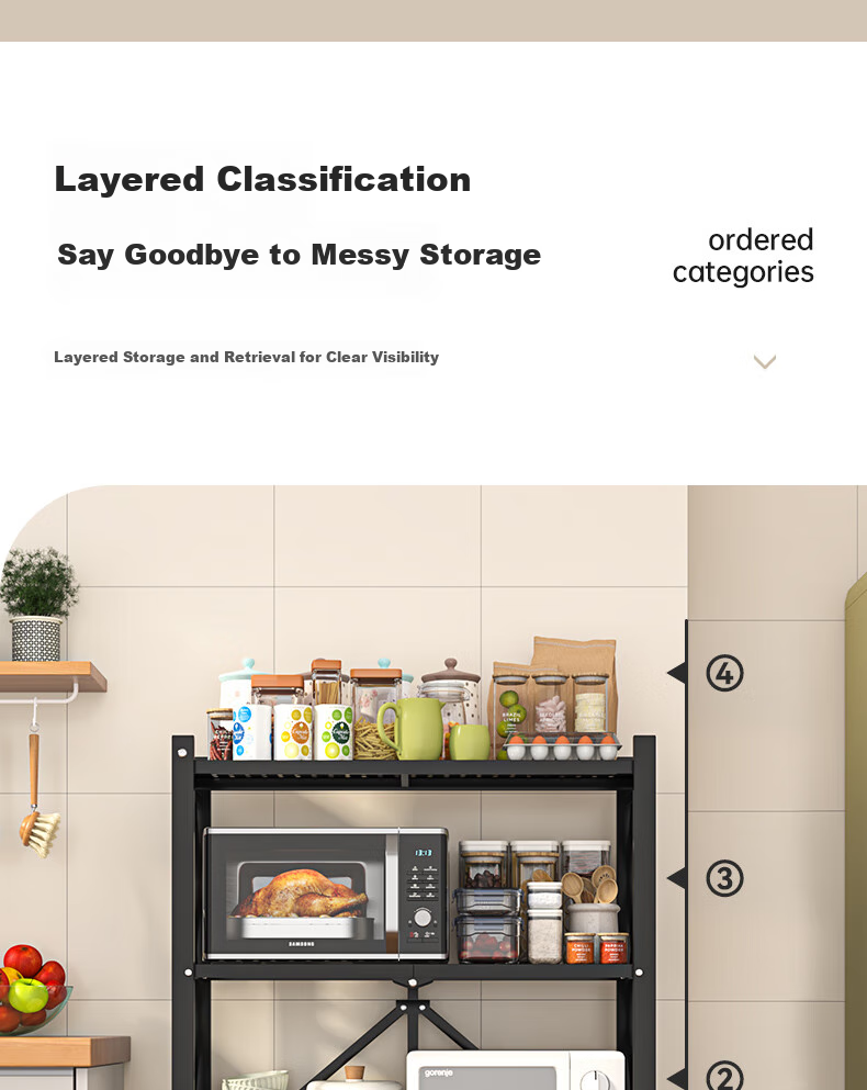 Leaijia Foldable Storage Rack, No Installation Required, Multi-Layer Kitchen Shelf, Movable Floor Storage Organizer for Oven And Microwave 3