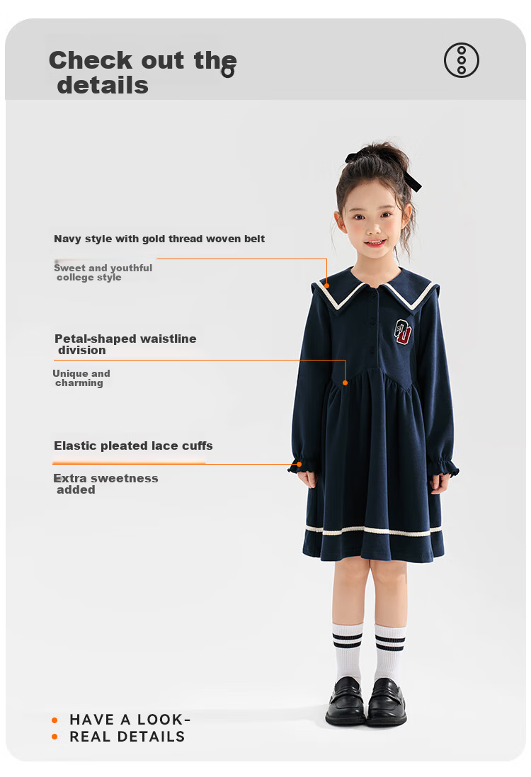 QQ DUCK Girls' Dress, Children's Preppy Style Holiday Outfit, Student JK Navy Dress, Big Kids' Clothing 6