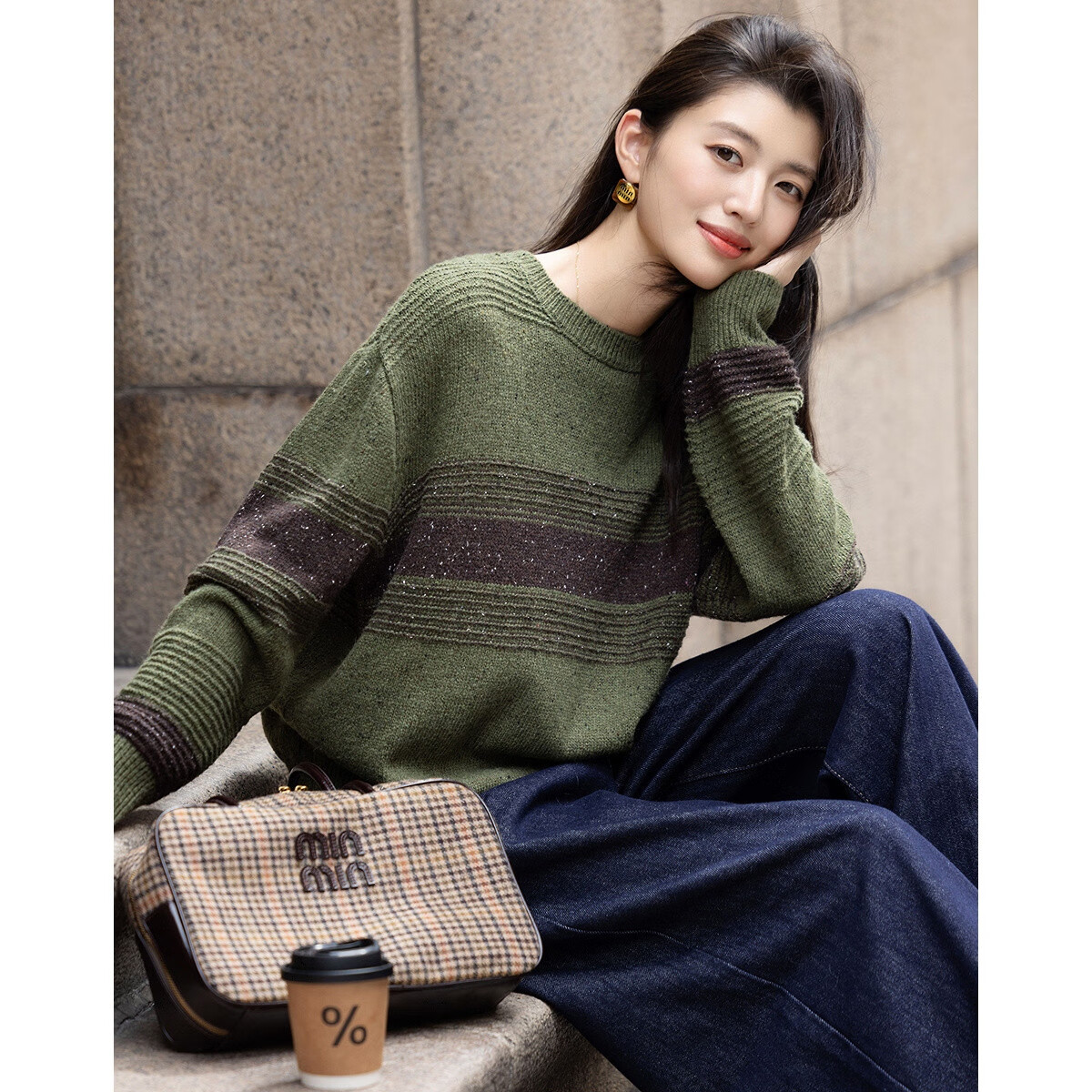Demana "Twilight Embrace" Winter Wool Blend Vintage Crewneck Colorblock Ribbed Loose Knit Sweater for Women