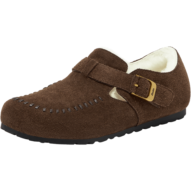 Bata Women's Birkenstock Style Shearling Shoes 2025 Winter British Cow Split Leather Flats 252MMDA5 Brown Size 36
