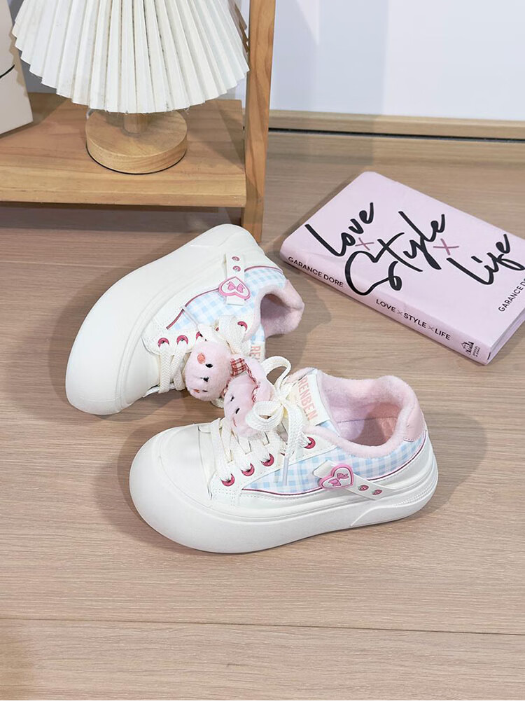 Renben Fleece-Lined Women's Cartoon White Shoes Winter New Cotton Shoes Thick Sole Casual Shoes Khaki Cotton Shoes Size 39 17