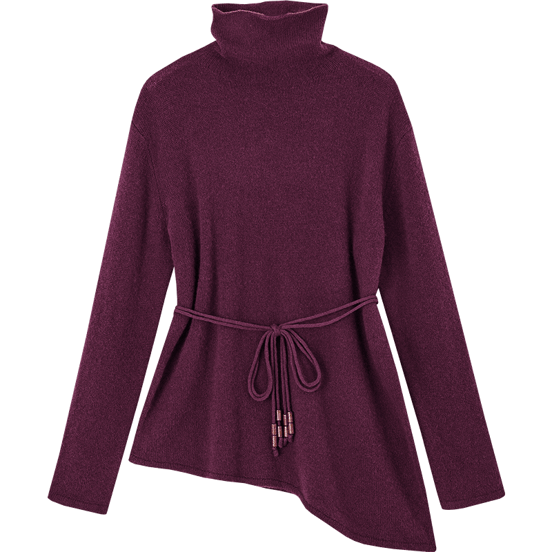 Demana 100% Merino Wool Winter Turtleneck Slim Belt Sweater Irregular Hem Petite Women's Knitwear
