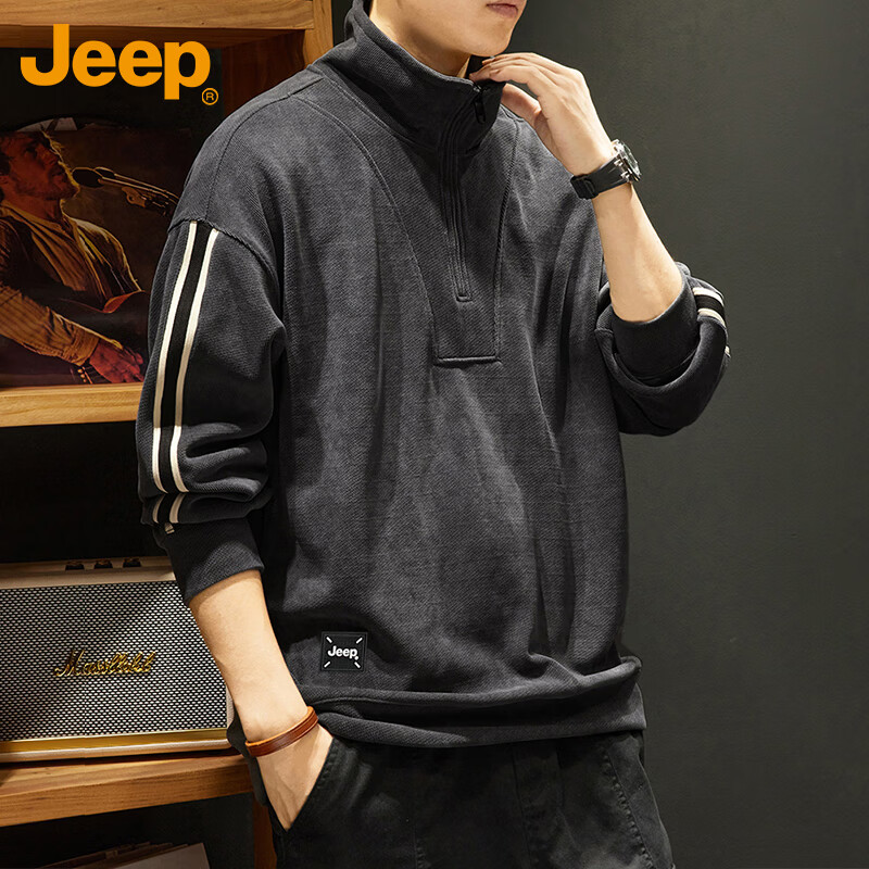 JEEP Men's Autumn Winter Corduroy Thickened Warm Loose Long Sleeve Zip-up Sweatshirt Dark Gray M