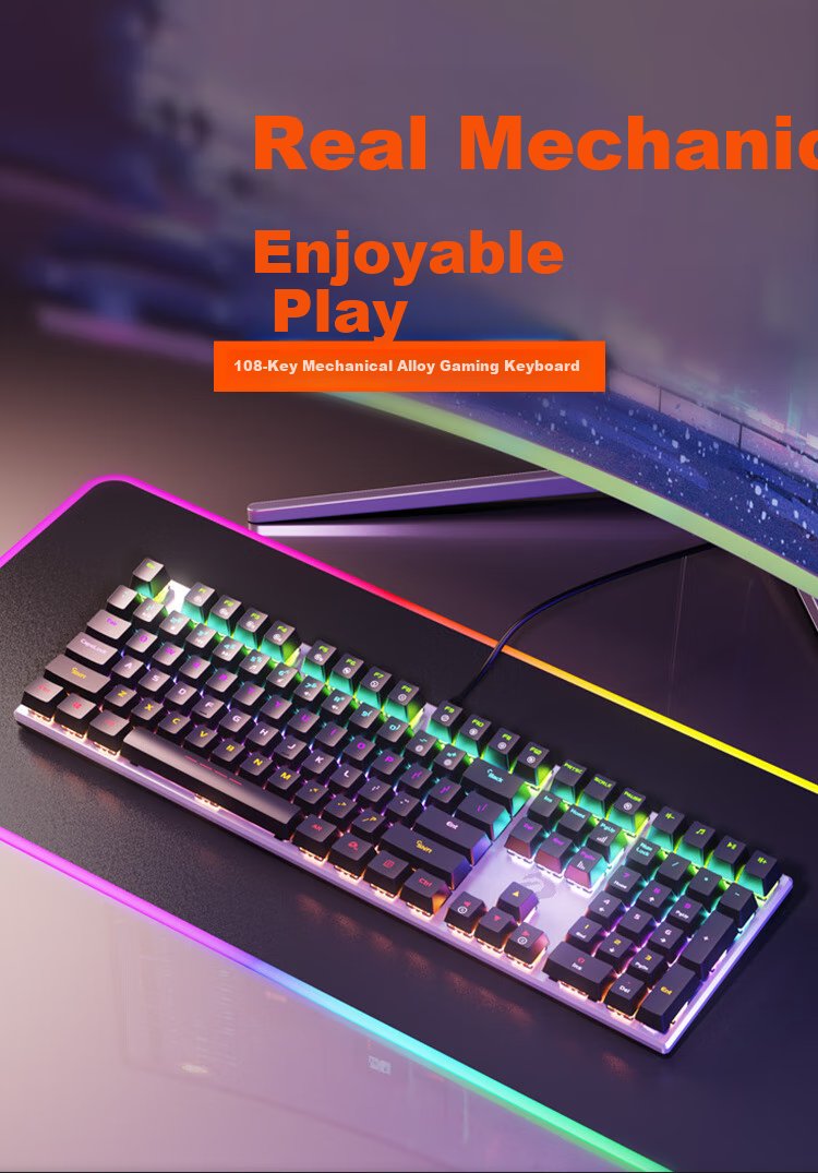 DAREU EK815 Mechanical Alloy Edition Keyboard, Wired Keyboard, Gaming Keyboard, 108 Keys Mixed Backlight, Multi-Key Anti-Ghosting, PUBG Keyboard, Blue Switch 1